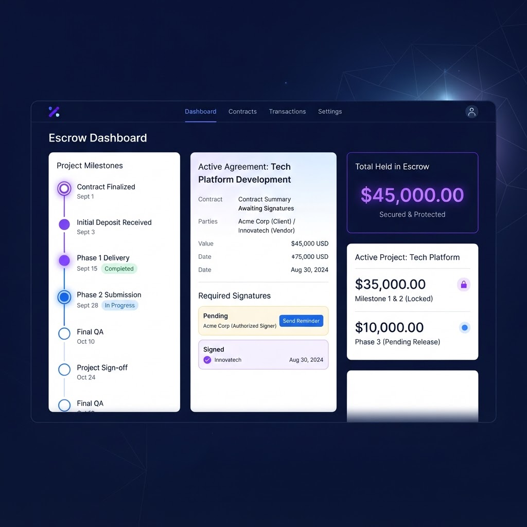 Escrow dashboard showing a milestone release timeline, e-signature contract and held-funds balances