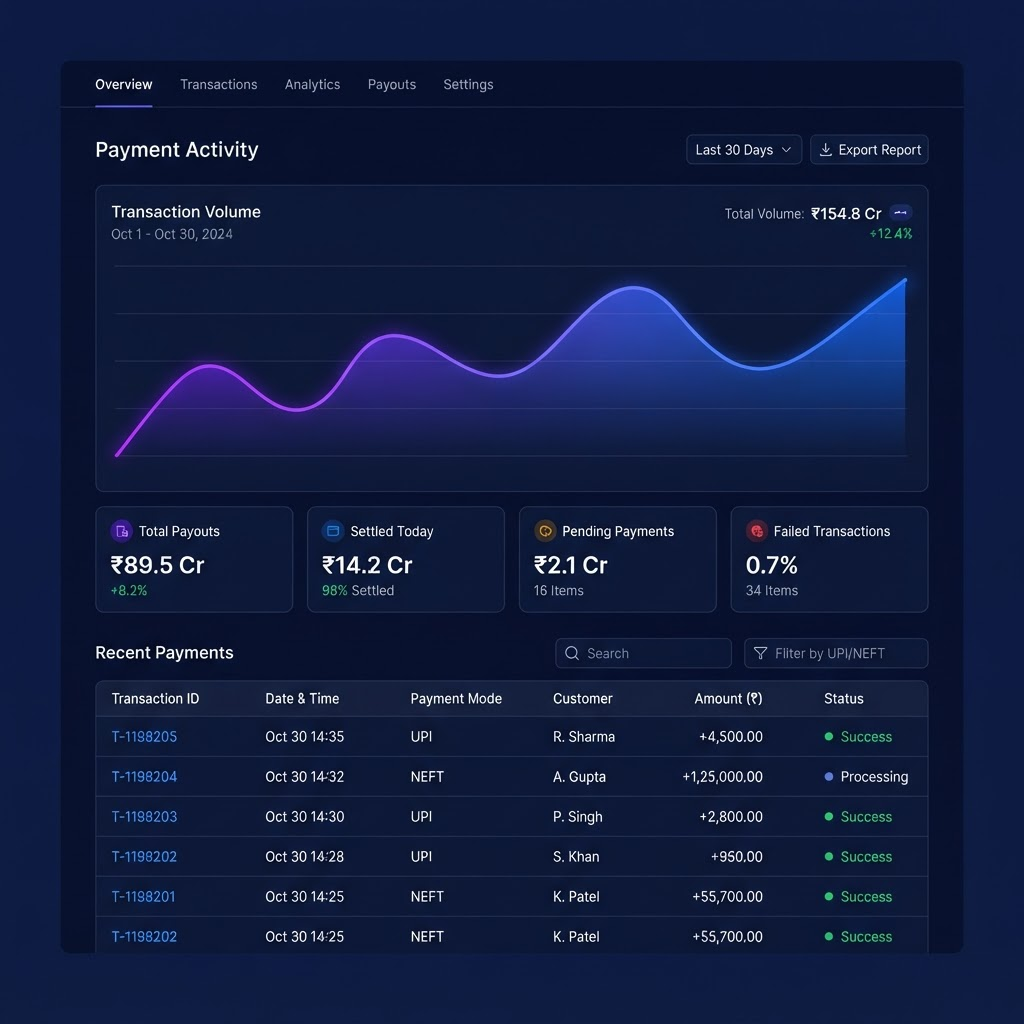 RubixPe payments dashboard showing transaction volume trends and live settlement status